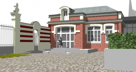 Vue générale de l’annexe A, de la cour et du bâtiment principal du tribunal